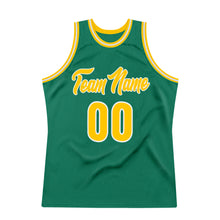 Laden Sie das Bild in den Galerie-Viewer, Custom Kelly Green Gold-White Authentic Throwback Basketball Jersey
