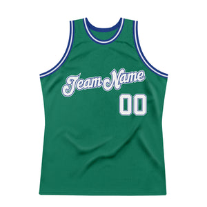 Custom Kelly Green White-Royal Authentic Throwback Basketball Jersey