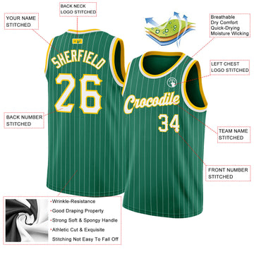 Custom Kelly Green White Pinstripe White-Gold Authentic Basketball Jersey