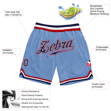 Custom Light Blue Navy-Red Authentic Throwback Basketball Shorts