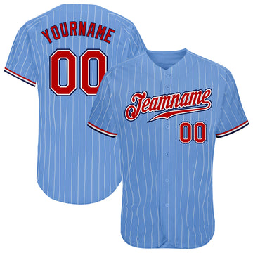 Custom Light Blue White Pinstripe Red-Navy Authentic Baseball Jersey