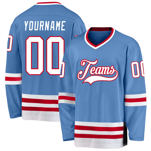 Custom Light Blue White-Red Hockey Jersey Discount