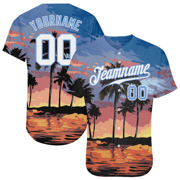 Custom Light Blue White-Light Blue 3D Pattern Design Palm Trees Authentic Baseball Jersey