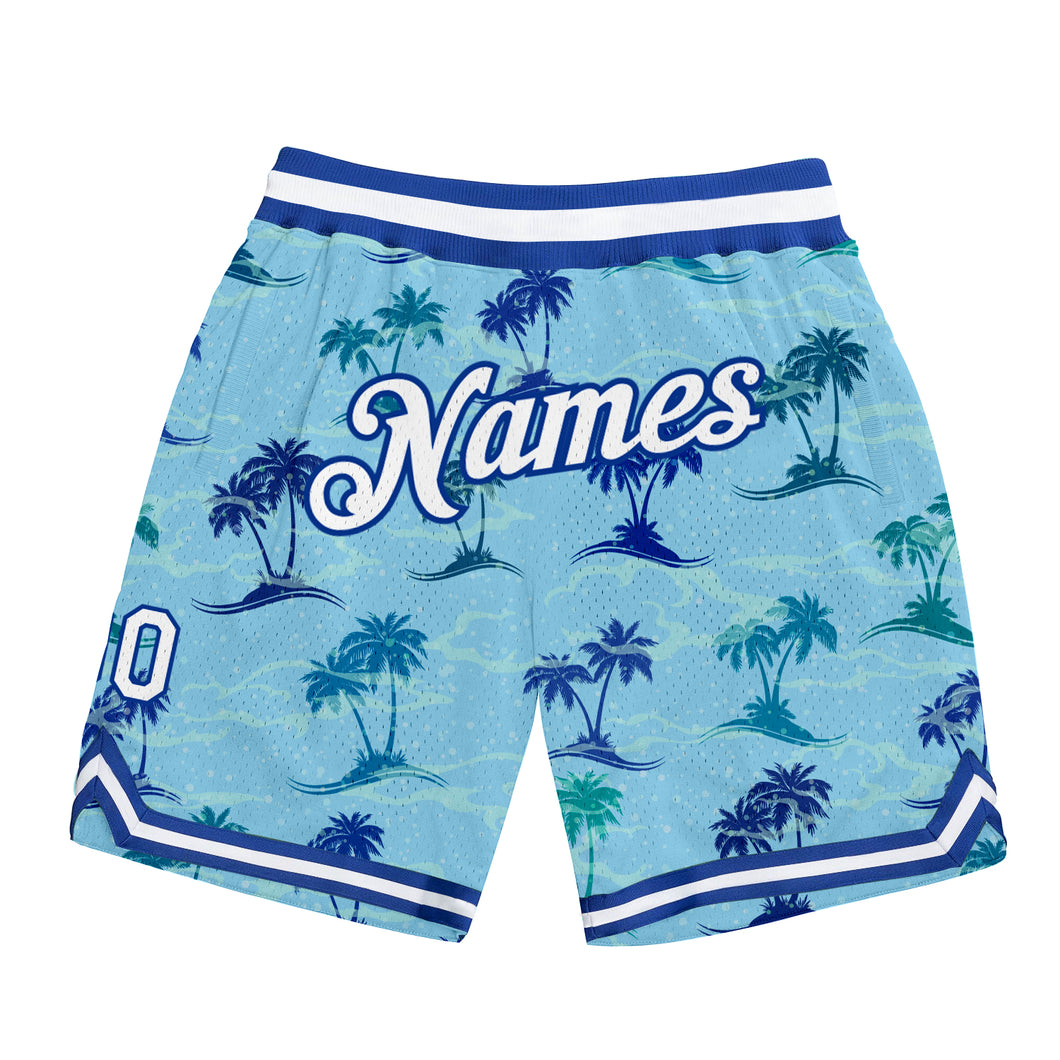 Custom Light Blue White-Royal 3D Pattern Design Palm Trees Authentic Basketball Shorts