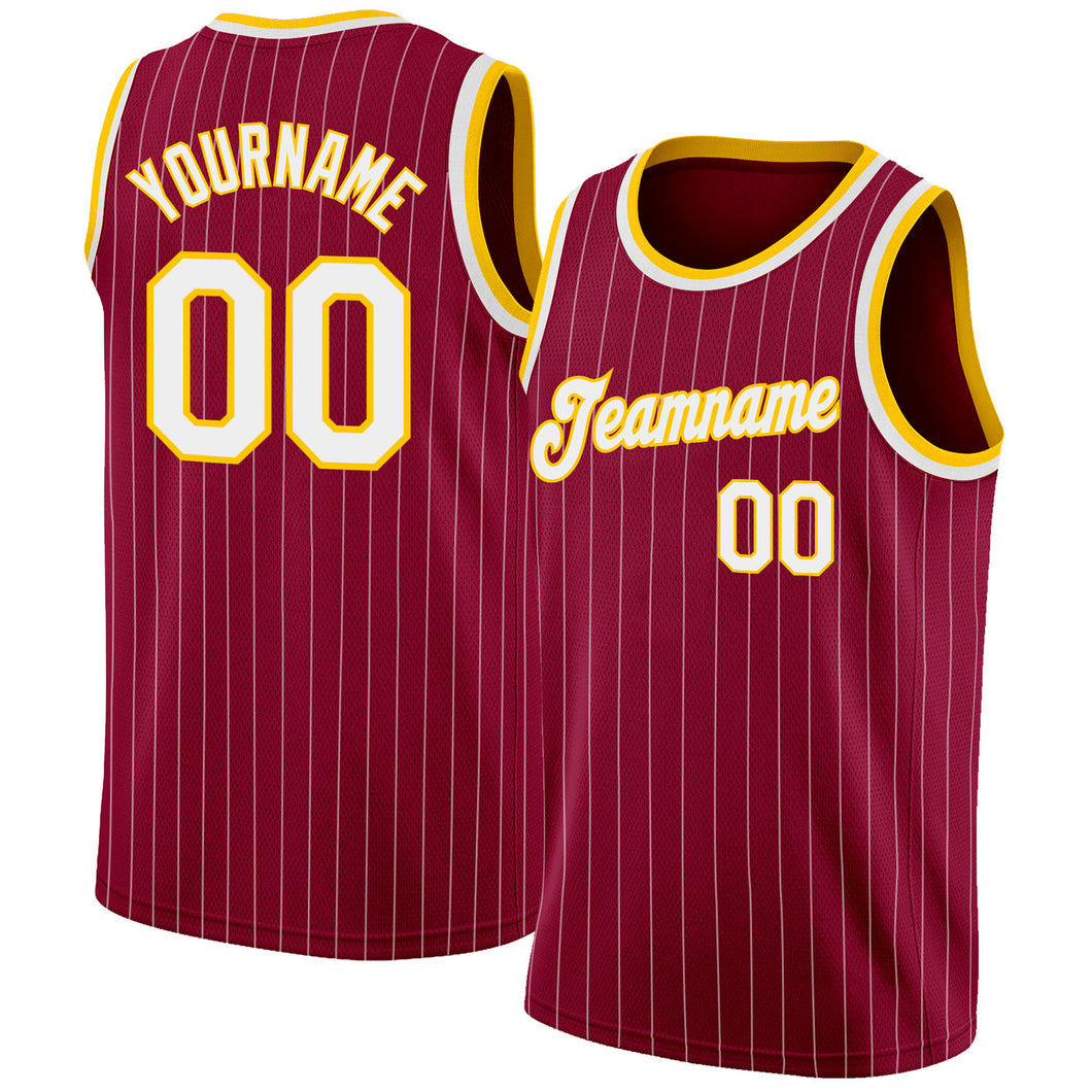 Custom Maroon White Pinstripe Navy-Gold Authentic Basketball Jersey Discount
