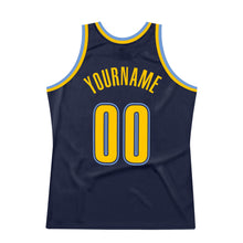 Charger l&#39;image dans la galerie, Custom Navy Gold-Light Blue Authentic Throwback Basketball Jersey
