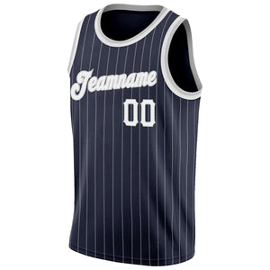 Custom Navy White Pinstripe White-Gray Authentic Basketball Jersey