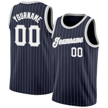 Загрузить изображение в средство просмотра галереи, Custom Navy White Pinstripe White-Gray Authentic Basketball Jersey
