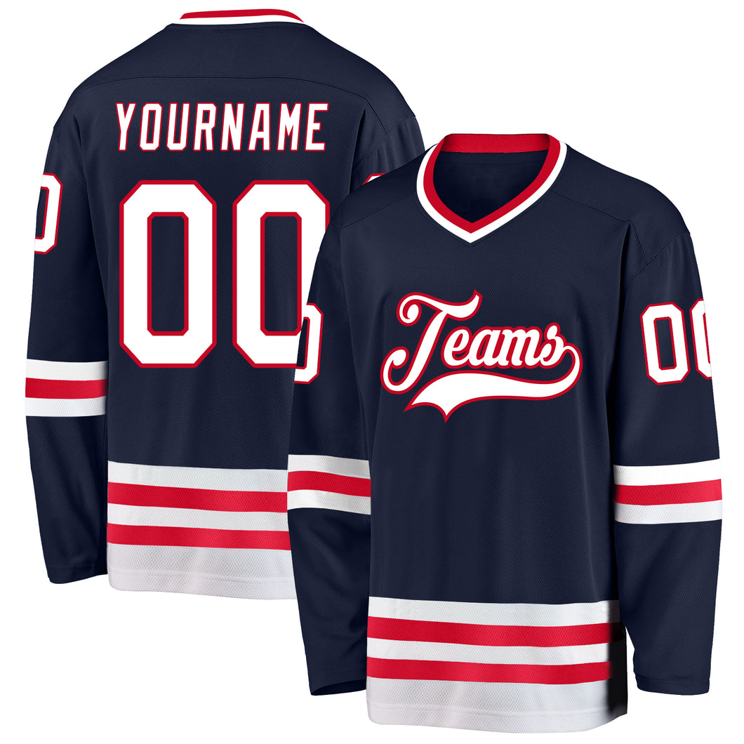 Custom Navy White-Red Hockey Jersey