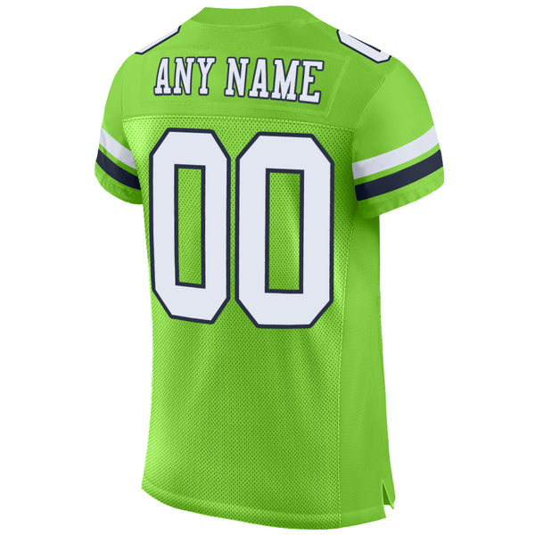 Custom White Neon Green-Navy Mesh Drift Fashion Football Jersey