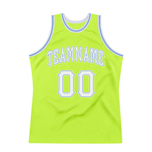 Load image into Gallery viewer, Custom Neon Green White-Light Blue Authentic Throwback Basketball Jersey
