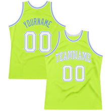 Load image into Gallery viewer, Custom Neon Green White-Light Blue Authentic Throwback Basketball Jersey
