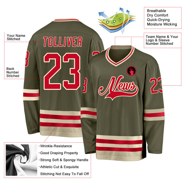 Custom Olive Red-Cream Salute To Service Hockey Jersey Discount