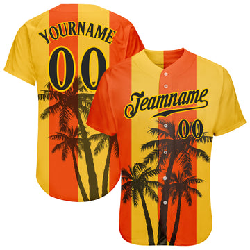 Custom Orange Black-Gold 3D Pattern Design Coconut Trees Authentic Baseball Jersey