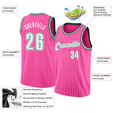 Custom Pink White Pinstripe White-Kelly Green Authentic Basketball Jersey