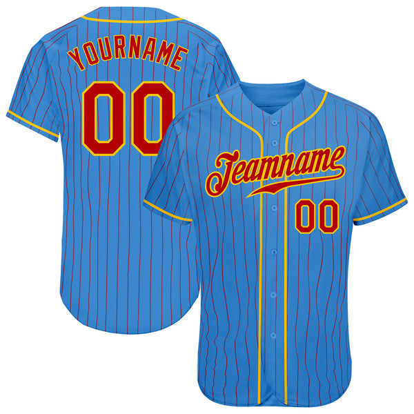 Custom Powder Blue Red Pinstripe Red-Gold Authentic Baseball Jersey Discount