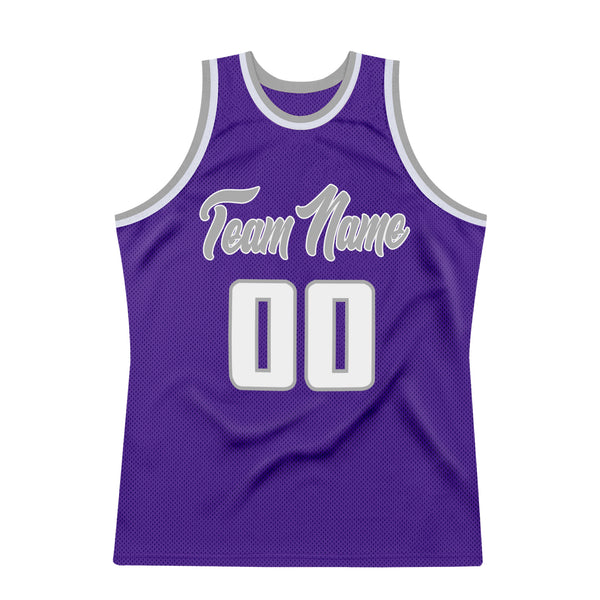 Custom Team Purple Basketball Gray Rib-Knit Jersey White