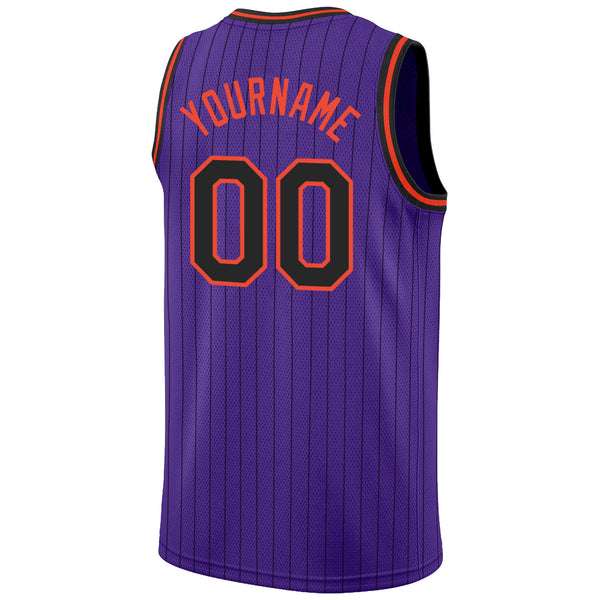 Custom Purple Black Pinstripe Black-Orange Authentic Basketball