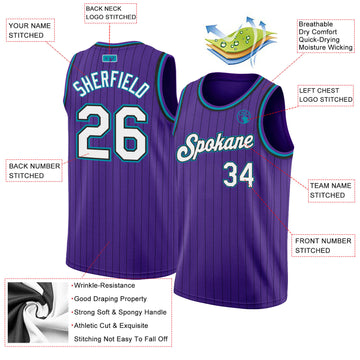 Custom Purple Black Pinstripe White-Teal Authentic Basketball Jersey