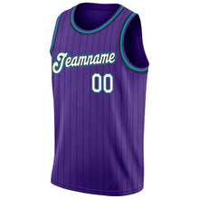 Load image into Gallery viewer, Custom Purple Black Pinstripe White-Teal Authentic Basketball Jersey
