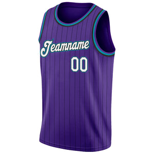 Custom Purple Black Pinstripe White-Teal Authentic Basketball Jersey