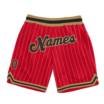 Custom Red White Pinstripe Black-Old Gold Authentic Basketball Shorts