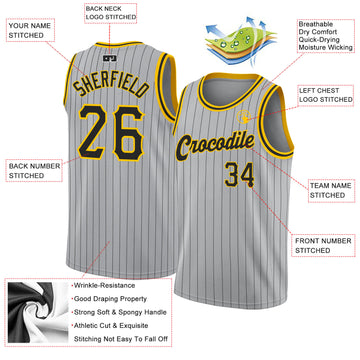 Custom Gray Black Pinstripe Black-Gold Authentic Basketball Jersey