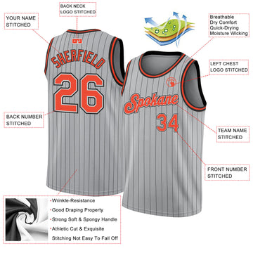 Custom Gray Black Pinstripe Orange-Black Authentic Basketball Jersey