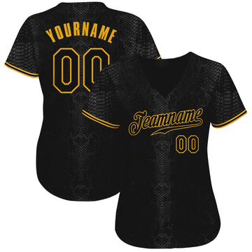 Custom Black Snakeskin Black-Gold 3D Pattern Design Authentic Baseball Jersey