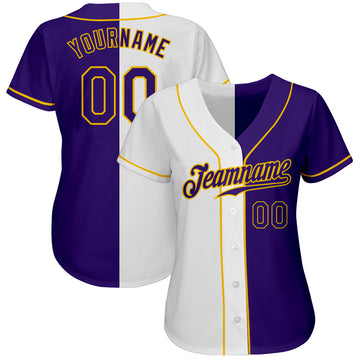 Custom White Purple-Gold Authentic Split Fashion Baseball Jersey