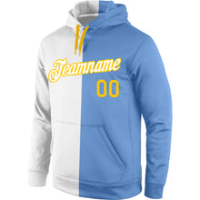 Загрузить изображение в средство просмотра галереи, Custom Stitched White Light Blue-Gold Split Fashion Sports Pullover Sweatshirt Hoodie
