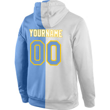 Загрузить изображение в средство просмотра галереи, Custom Stitched White Light Blue-Gold Split Fashion Sports Pullover Sweatshirt Hoodie
