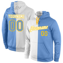 Загрузить изображение в средство просмотра галереи, Custom Stitched White Light Blue-Gold Split Fashion Sports Pullover Sweatshirt Hoodie
