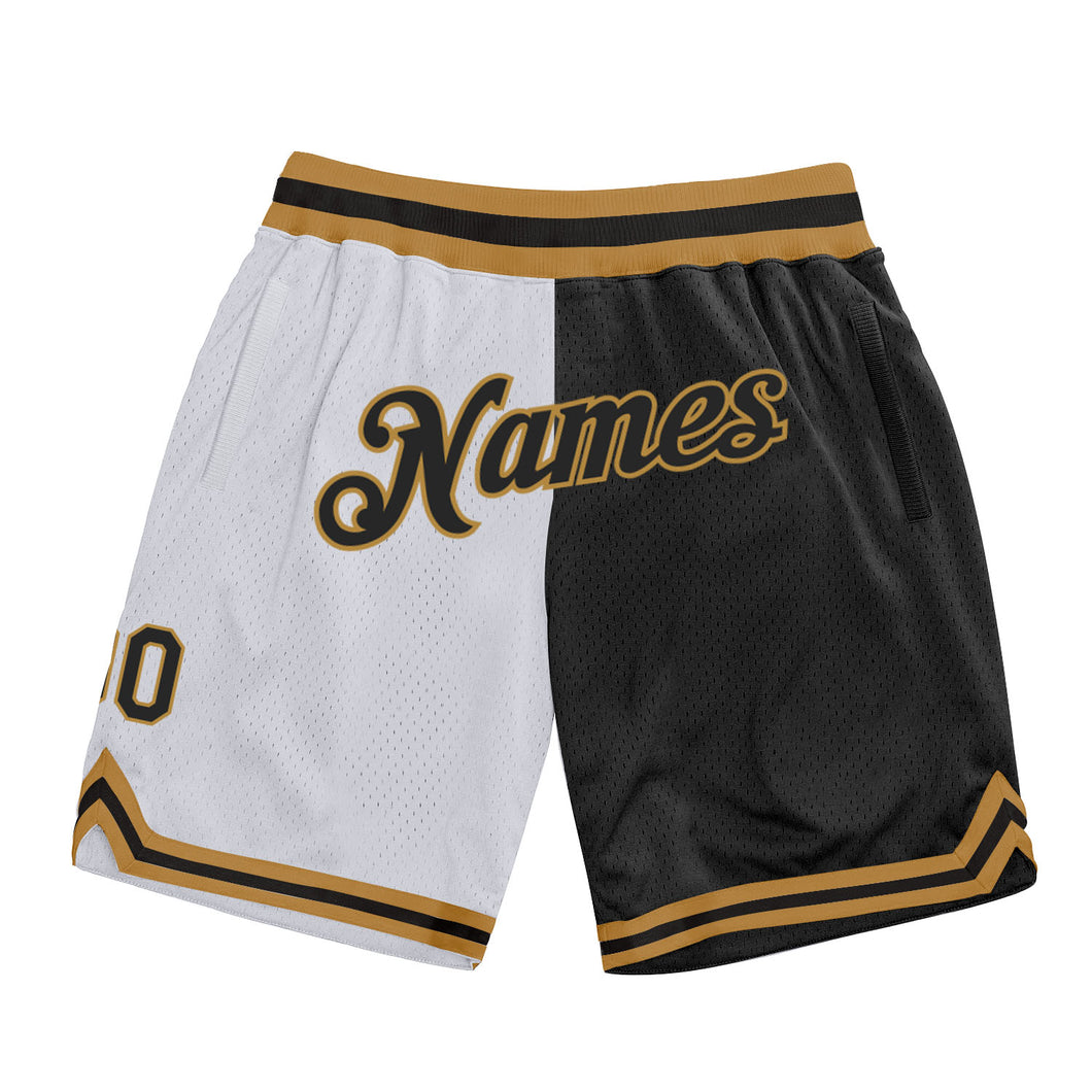 Custom White Black-Old Gold Authentic Throwback Split Fashion Basketball Shorts