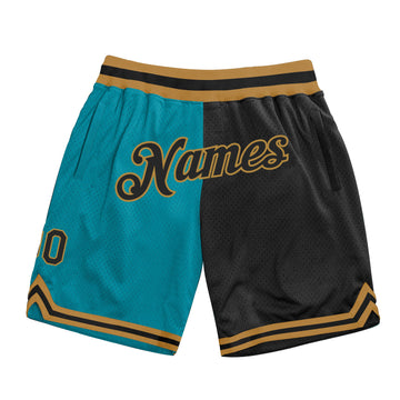 Custom Teal Black-Old Gold Authentic Throwback Split Fashion Basketball Shorts