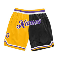 Load image into Gallery viewer, Custom Gold Purple-Black Authentic Throwback Split Fashion Basketball Shorts
