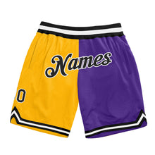 Load image into Gallery viewer, Custom Gold Black-Purple Authentic Throwback Split Fashion Basketball Shorts
