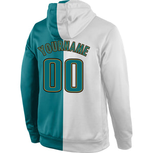 Custom Stitched White Aqua-Old Gold Split Fashion Sports Pullover Sweatshirt Hoodie