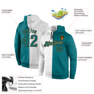 Custom Stitched White Aqua-Old Gold Split Fashion Sports Pullover Sweatshirt Hoodie