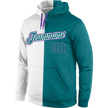 Load image into Gallery viewer, Custom Stitched White Aqua-Purple Split Fashion Sports Pullover Sweatshirt Hoodie
