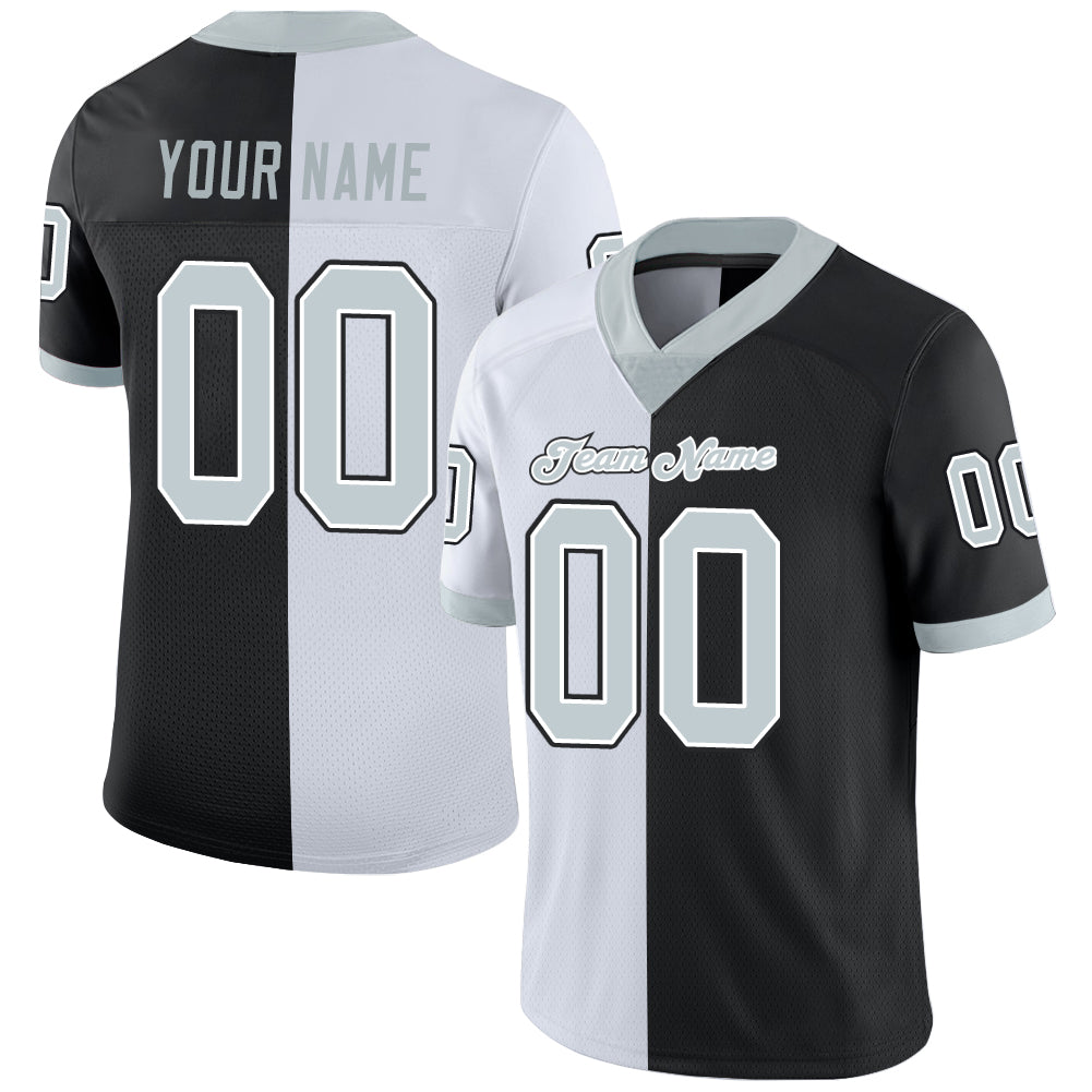 Cheap Custom Black Silver-White Mesh Split Fashion Football Jersey