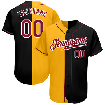 Custom Black Crimson-Yellow Authentic Split Fashion Baseball Jersey