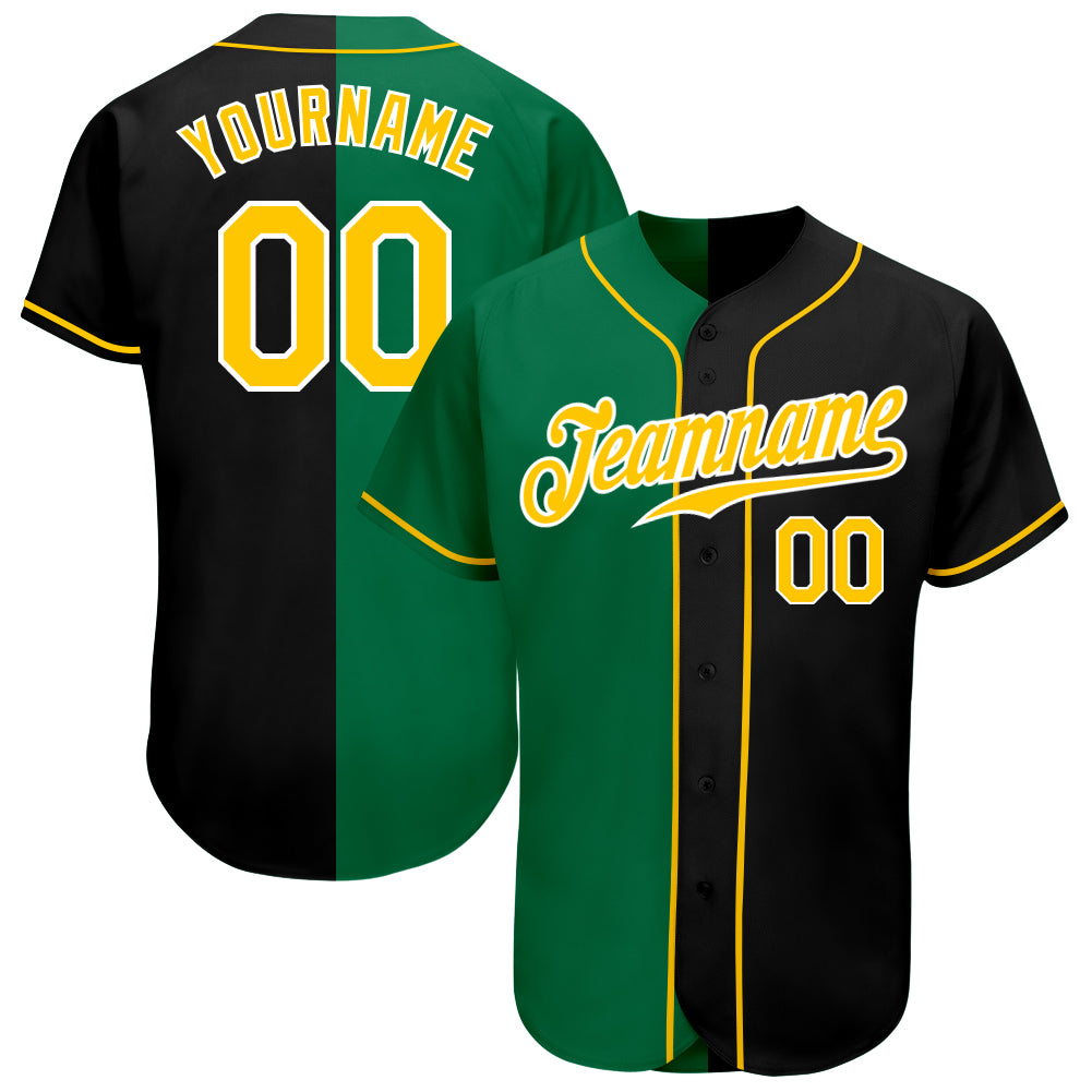 Custom Kelly Green Black-Gold Authentic Split Fashion Baseball Jersey  Discount