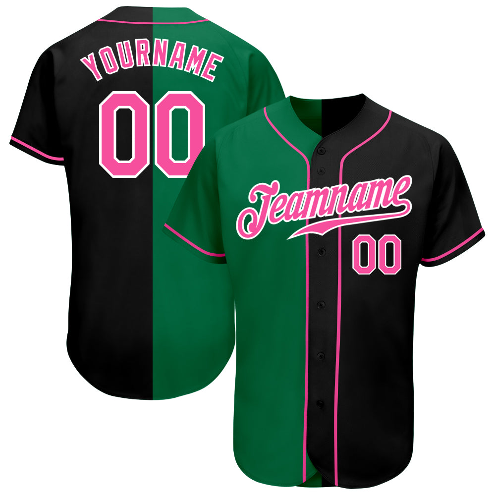 Custom Black Pink-Kelly Green Authentic Split Fashion Baseball Jersey