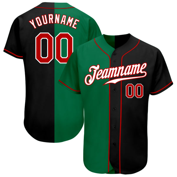 Custom Black Kelly Green-Red Authentic Split Fashion Baseball Jersey