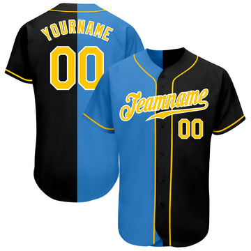 Custom Black Gold-Powder Blue Authentic Split Fashion Baseball Jersey