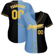 Загрузить изображение в средство просмотра галереи, Custom Black Gold-Light Blue Authentic Split Fashion Baseball Jersey
