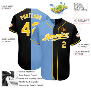 Custom Black Gold-Light Blue Authentic Split Fashion Baseball Jersey