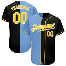 Загрузить изображение в средство просмотра галереи, Custom Black Gold-Light Blue Authentic Split Fashion Baseball Jersey
