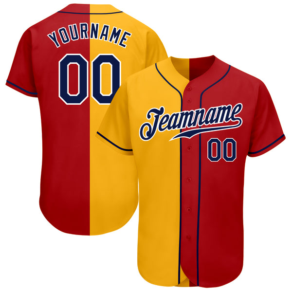 Custom Red Navy-Gold Authentic Split Fashion Baseball Jersey Fast